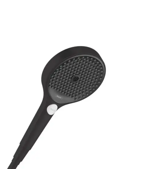 Hansgrohe Handbrause mit runder Düse und Griff in mattschwarzem Finish, ausgestattet mit verschiedenen Strahlarten. Kabelanschluss sichtbar.